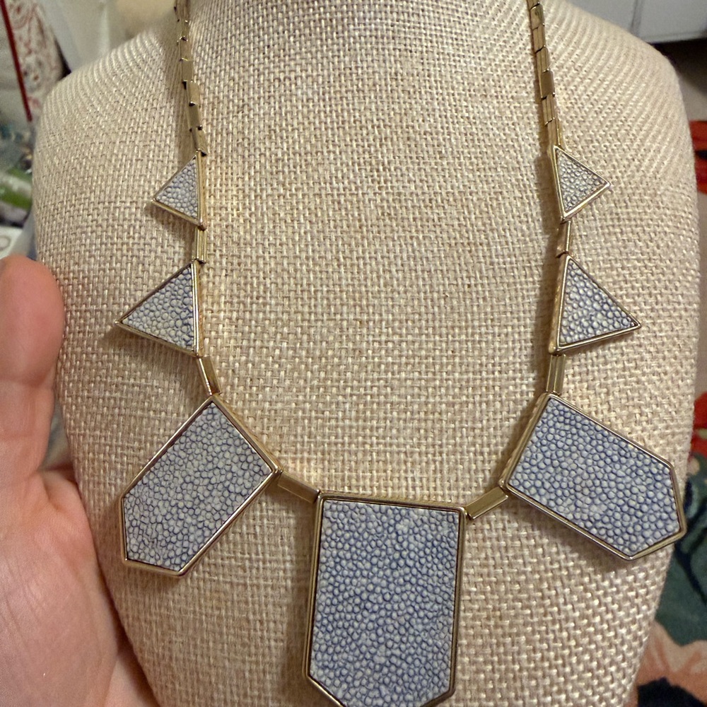 Halston Heritage Gold Tone Grey Shagreen Geometric Bib Statement Necklace